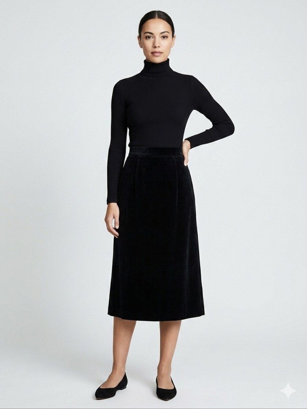 Vintage 80s 90s Impromptu Black Cotton Velvet Midi Skirt Sz 12 Fits Small Goth